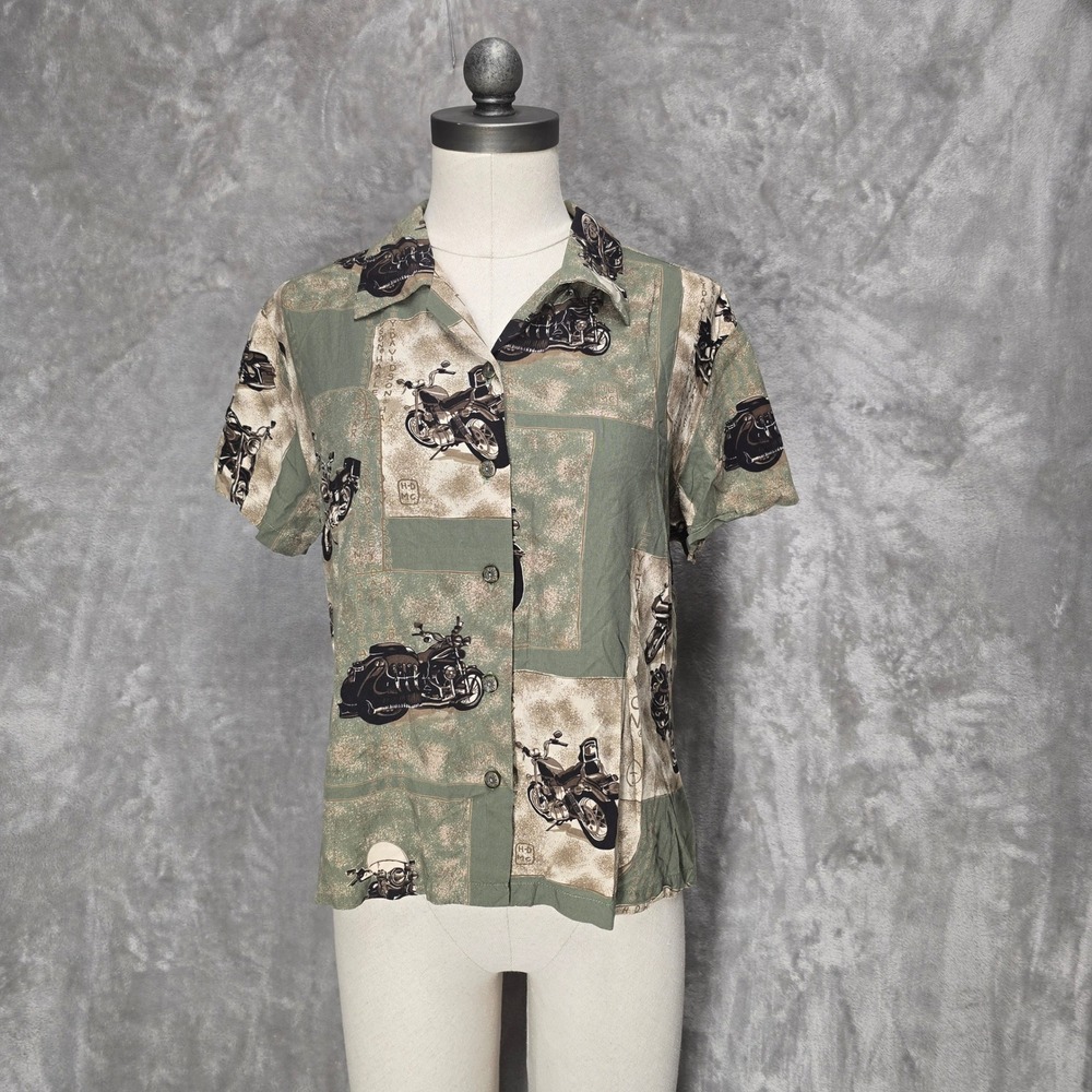 Harley Davidson Womens Short Sleeve‎ Button Up Shirt L Motorcycle Biker Green
